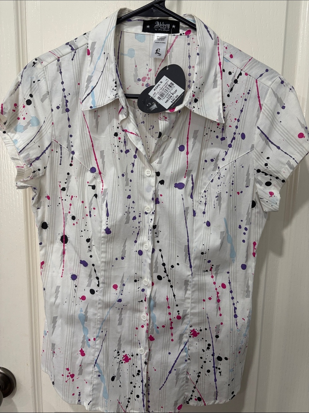 Abbey Dawn White Shirt with Pink, Purple and Black Paint-Splatter